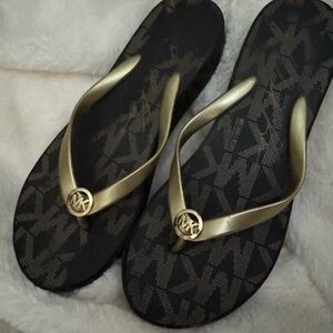 Michael Kors Black Logo Footbed with Gold Straps Flip-Flops